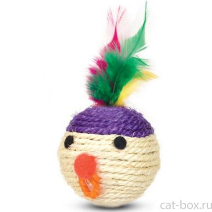 Игрушка для кошек из сизаля "Мяч-мордашка с перьями", d6,5см-0