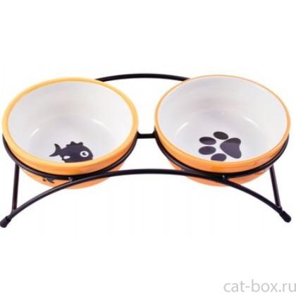 Миски на подставке для собак и кошек двойные, оранжевые 2x290 мл-0