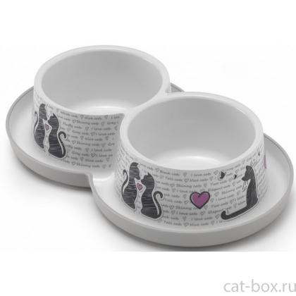 Двойная нескользящая миска Trendy - Влюбленные коты, 2 *350 мл -0