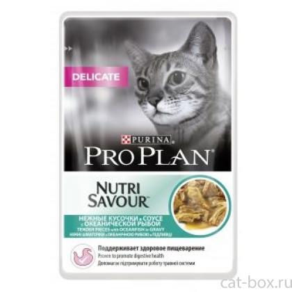 Кусочки в соусе для кошек идеальное пищеварение с океанической рыбой (Delicate)-0
